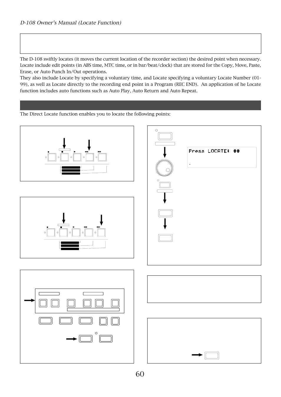 Locate function, Direct locate, D-108 owner’s manual (locate function) | Locate a specified point, Locate the last-located point | Fostex D-108 User Manual | Page 60 / 141