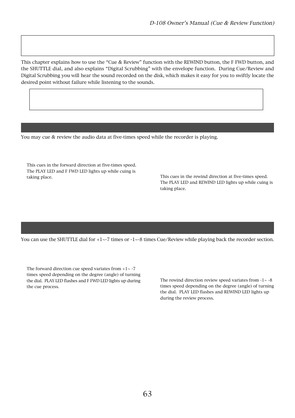 Cue & review function, Cue & review function using the shuttle dial | Fostex D-108 User Manual | Page 63 / 141