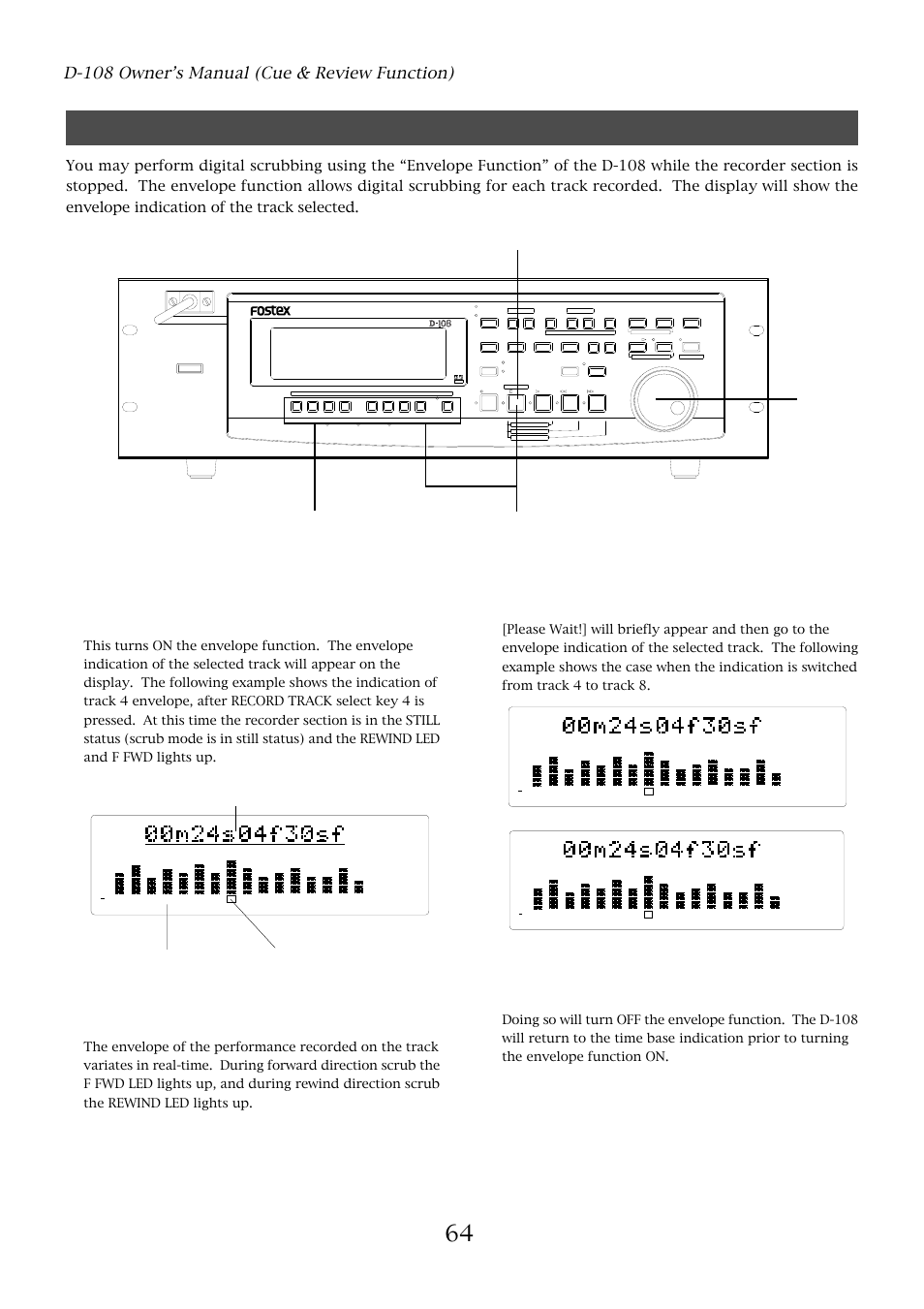 Digital scrubbing using the envelope function, D-108 owner’s manual (cue & review function), Optical | Playback point, Track indication playback point | Fostex D-108 User Manual | Page 64 / 141