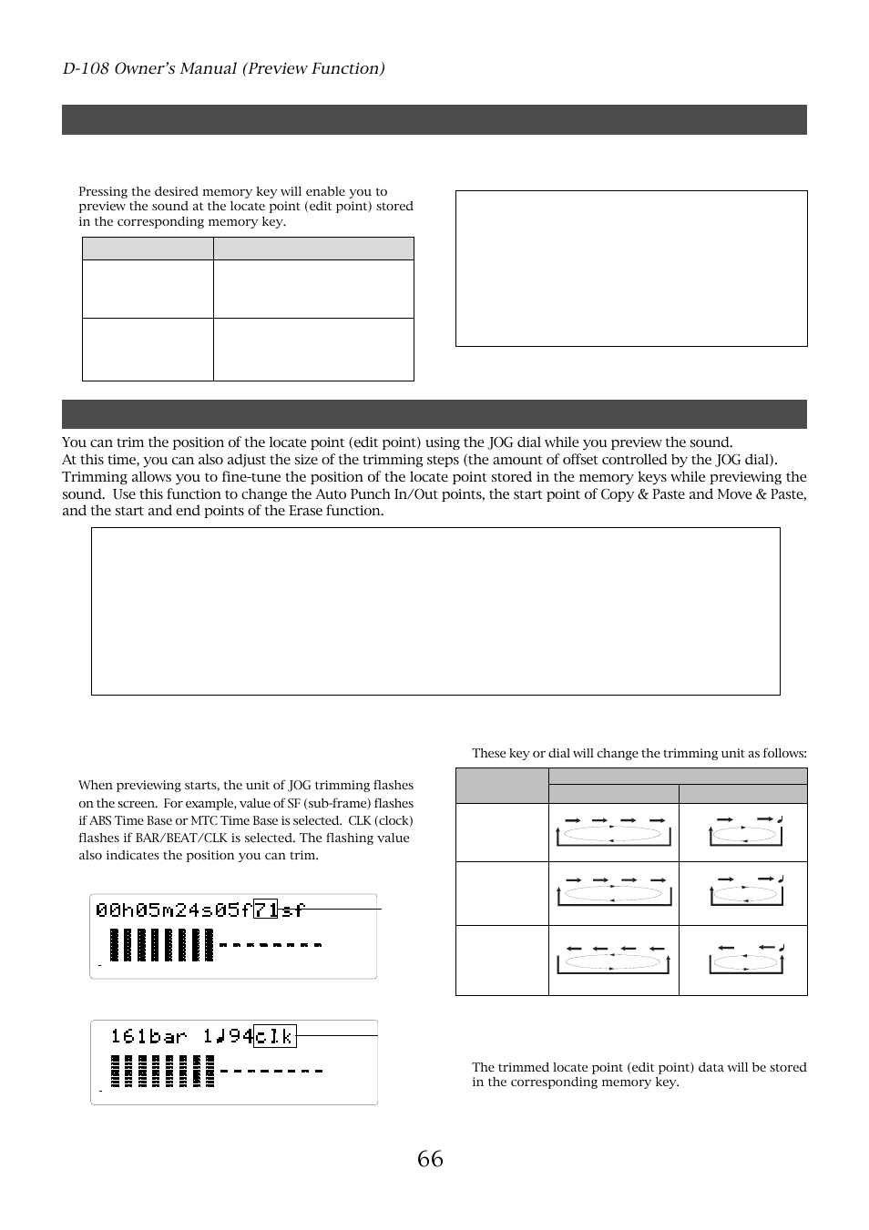 Executing the preview function, Trimming the sound while previewing, D-108 owner’s manual (preview function) | Fostex D-108 User Manual | Page 66 / 141