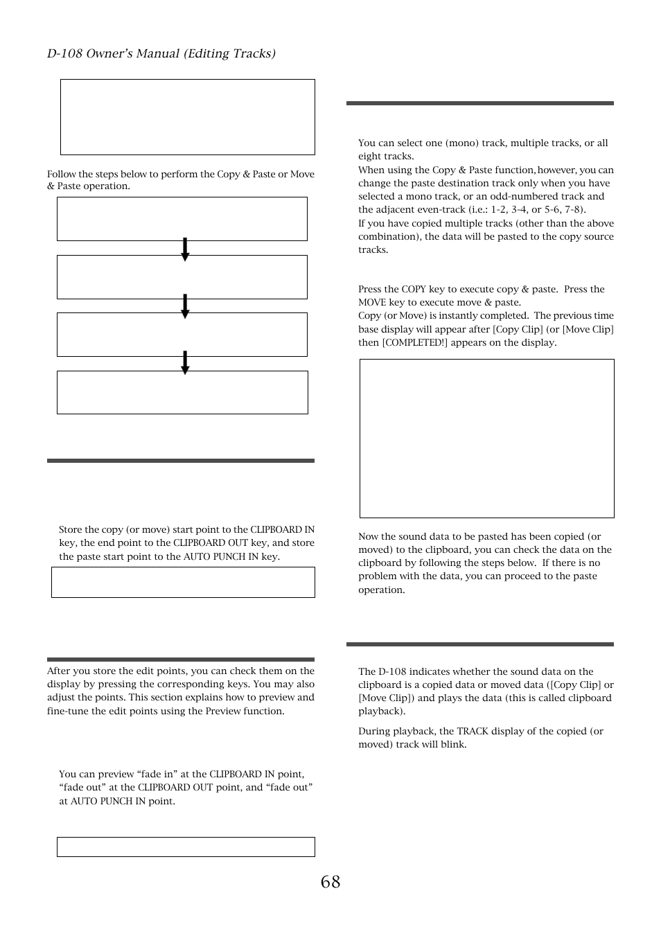 Checking the clipboard data, Executing copy (or move), Checking and adjusting the edit points | Storing the edit points | Fostex D-108 User Manual | Page 68 / 141