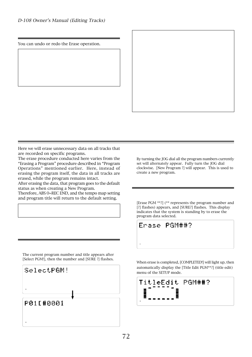 72 undo/redo erase, Selecting a program to erase, Executing erase | D-108 owner’s manual (editing tracks), Press the execute/yes key | Fostex D-108 User Manual | Page 72 / 141