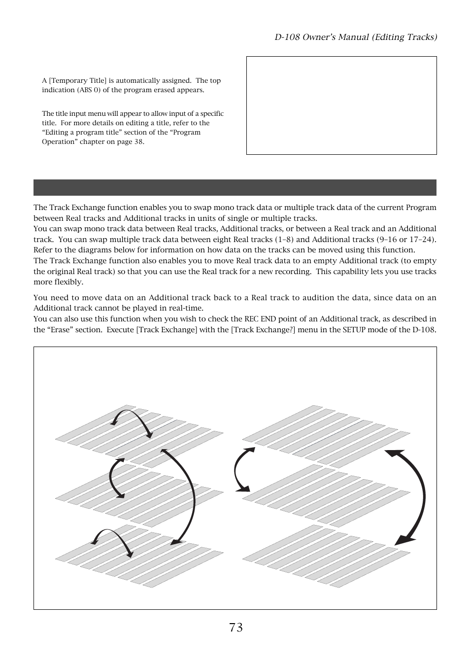 Track exchange, D-108 owner’s manual (editing tracks), 2. press the execute/yes key to input the title | Fostex D-108 User Manual | Page 73 / 141