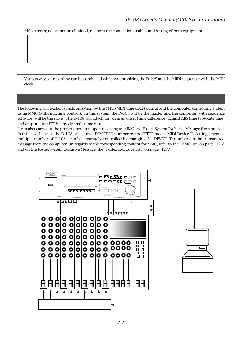 Mtc sync/midi machine control system, Execution of recording, D-108 owner’s manual (midi synchronization) | Optical, Mmc or fostex system exclusive message mtc midi | Fostex D-108 User Manual | Page 77 / 141