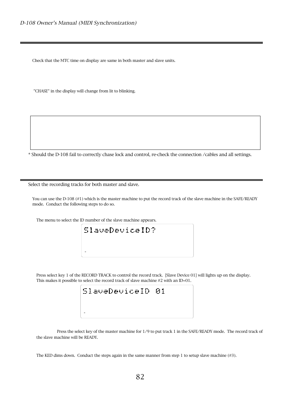 Check chase lock, Selecting a recording track, D-108 owner’s manual (midi synchronization) | Fostex D-108 User Manual | Page 82 / 141