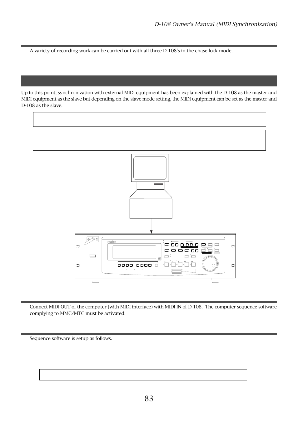 Execution of recording, Connection to external equipment, Setup of external equipment | D-108 (slave) master, D-108 owner’s manual (midi synchronization), Optical, Computer with mmc/mtc software, Midi in midi out | Fostex D-108 User Manual | Page 83 / 141