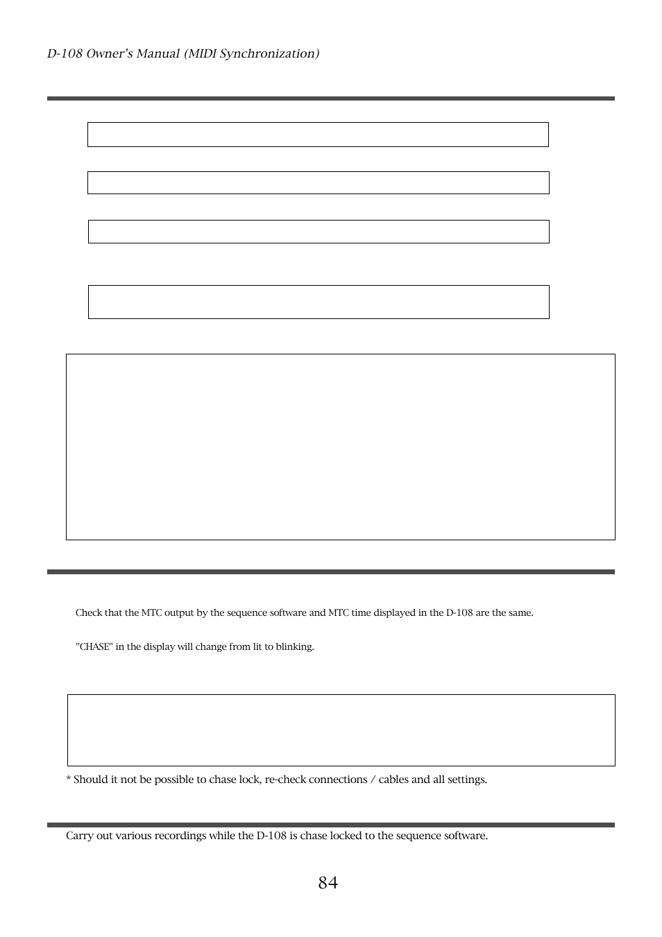 Confirming chase lock, Execution of recording, Precautions at mtc related setups | Fostex D-108 User Manual | Page 84 / 141