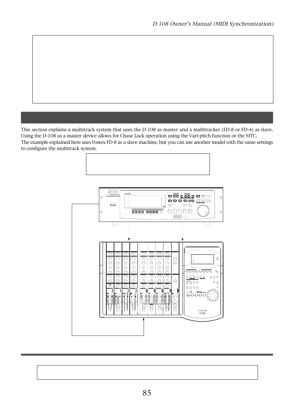 Multitrack system using a fd-8, fd-4, Connecting the devices, D-108 owner’s manual (midi synchronization) | One point advice, Optical, D-108 (master), 5k 200, Input trk 1, Aux2, Aux1 | Fostex D-108 User Manual | Page 85 / 141