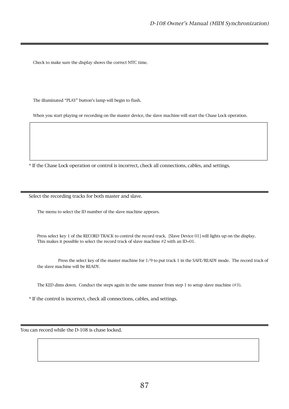 87 checking chase lock, Selecting a recording track, Recording | Fostex D-108 User Manual | Page 87 / 141