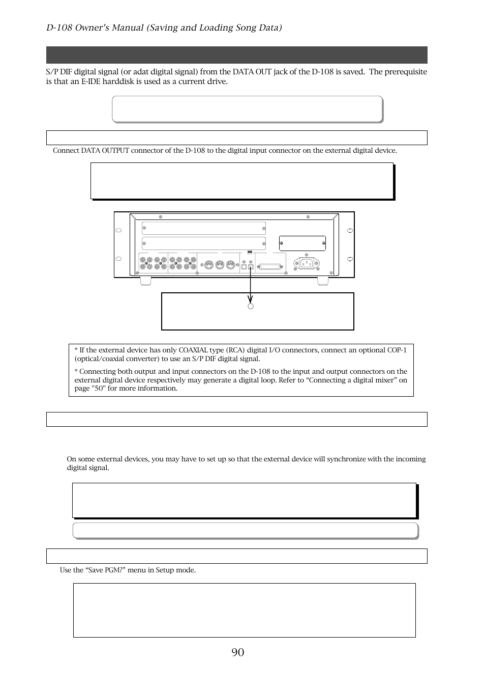 Saving the data using data out, Connecting an external device, Setting up an external device | Executing the save operation, 90 external digital device (dat or adat), D-108, Optical | Fostex D-108 User Manual | Page 90 / 141