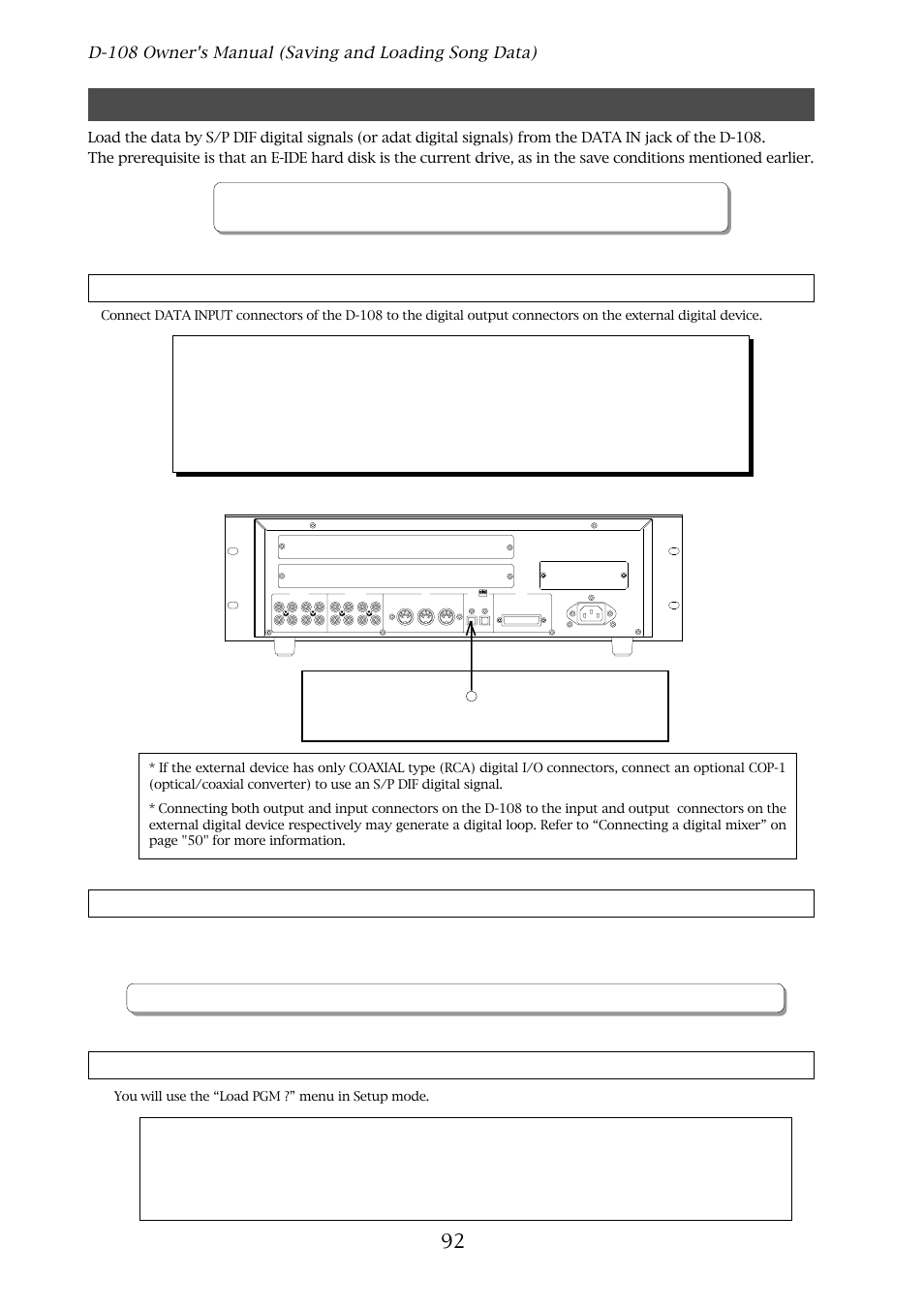 Loading the data using data in, Connecting the external device, Setting up an external device | Executing the load operation, 92 external digital device (dat or adat), D-108, Optical | Fostex D-108 User Manual | Page 92 / 141