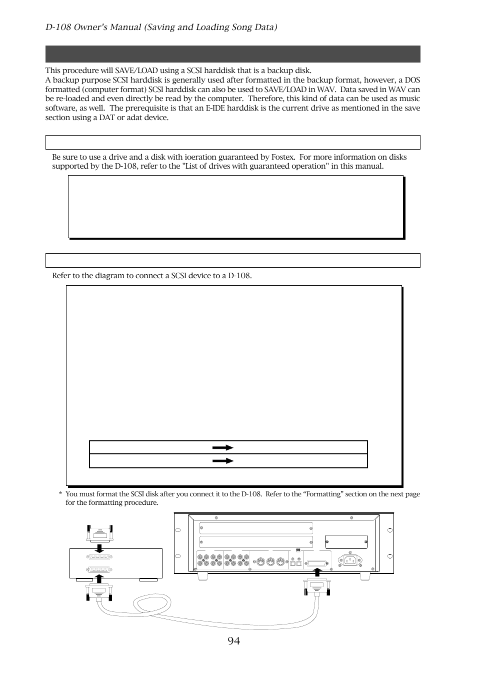 Saving the data using scsi, Connecting a scsi device, About scsi device | Scsi id number setting, Optical | Fostex D-108 User Manual | Page 94 / 141