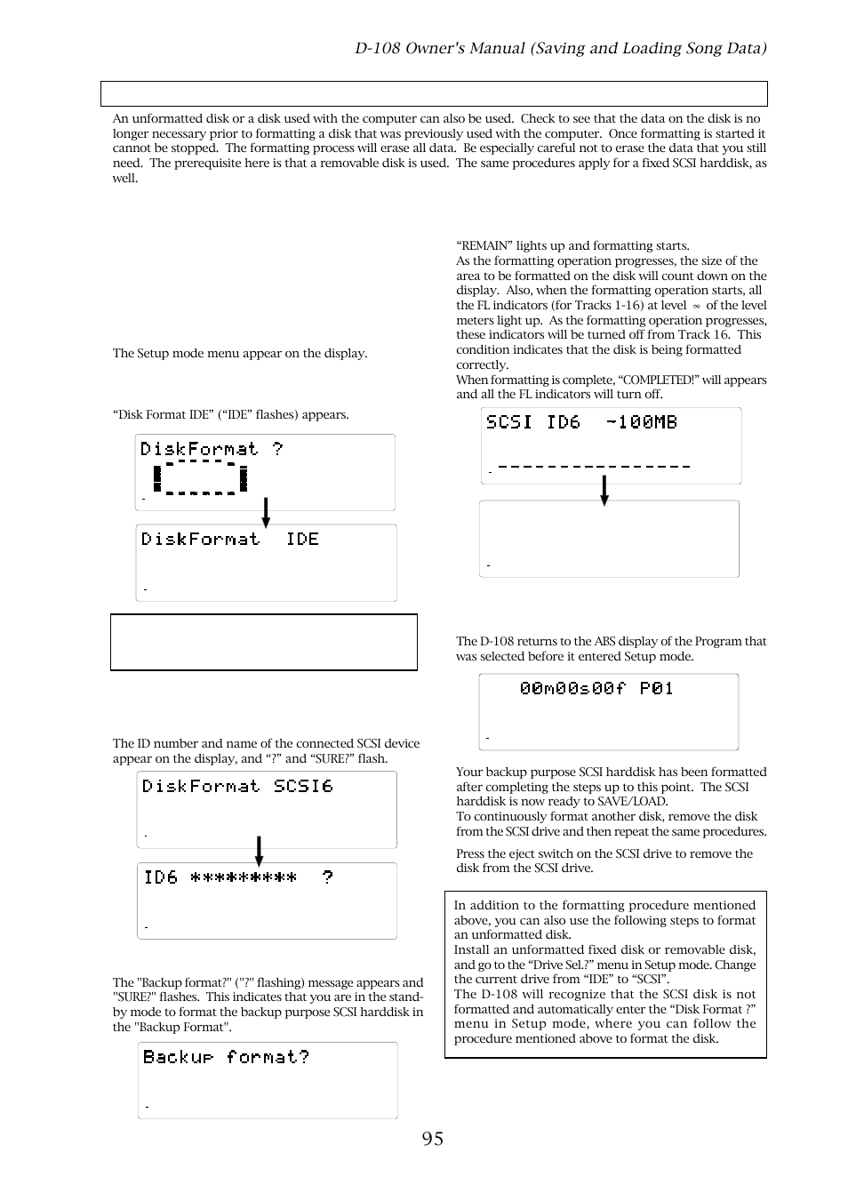 Formatting a scsi disk, Press the execute/yes key, Caution | The setup mode menu appear on the display, Disk format ide” (“ide” flashes) appears | Fostex D-108 User Manual | Page 95 / 141