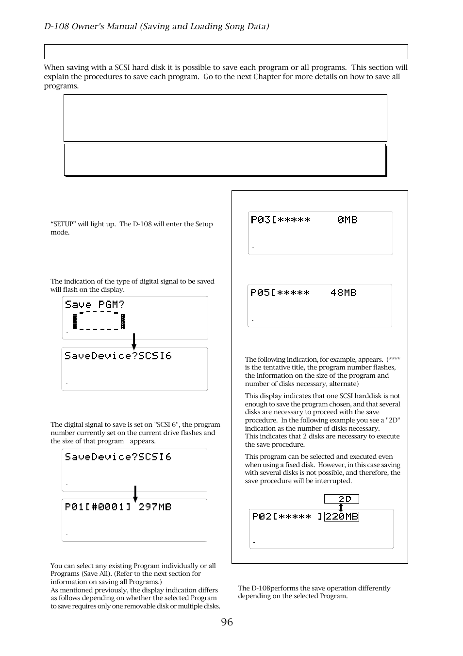 Saving data of an individual program, Rotate the jog dial to select a program to save, Press the execute/yes key. (“sure?” flashes.) | Fostex D-108 User Manual | Page 96 / 141