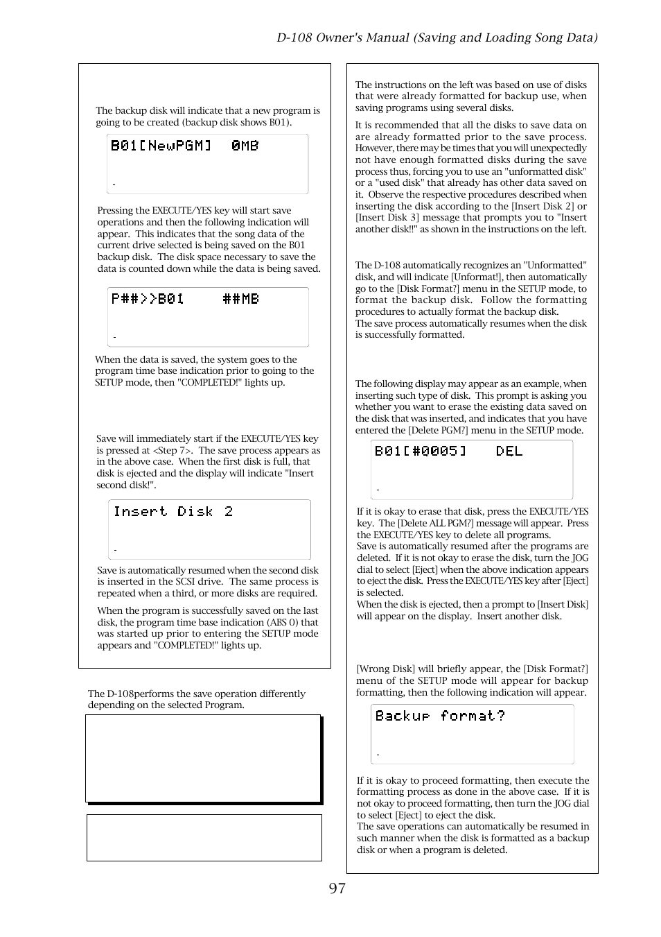 Press the execute/yes key. (“sure?” flashes.), When inserting an unformatted disk | Fostex D-108 User Manual | Page 97 / 141