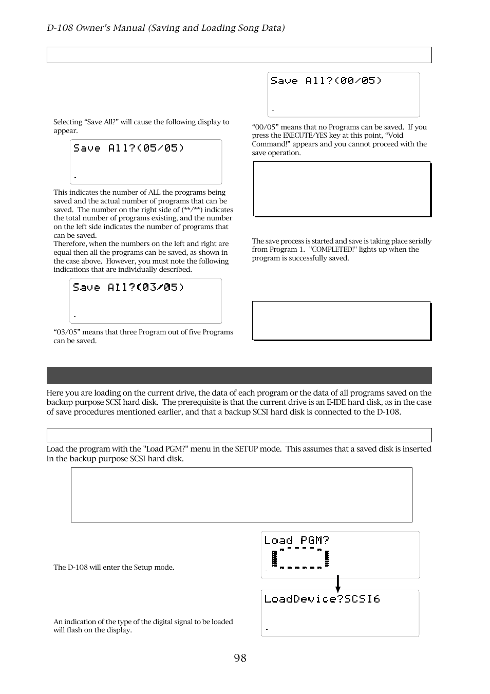 Loading the data using scsi, Saving all programs (save all), Press the execute/yes key (“save” light up.) | The d-108 will enter the setup mode | Fostex D-108 User Manual | Page 98 / 141