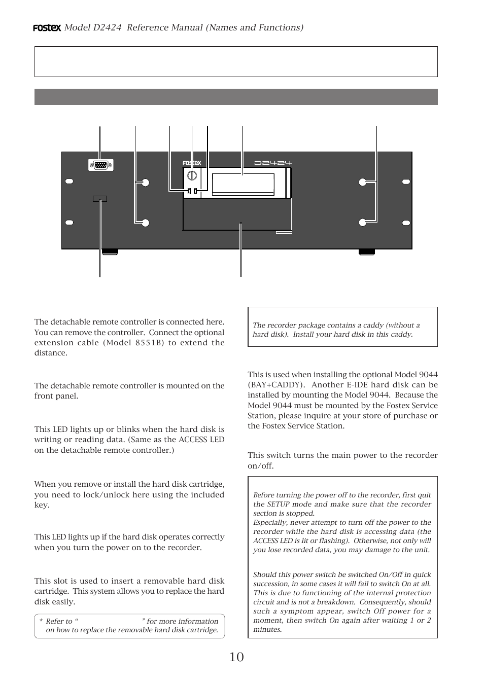 Front panel section, Names and functions | Fostex D2424 User Manual | Page 10 / 147