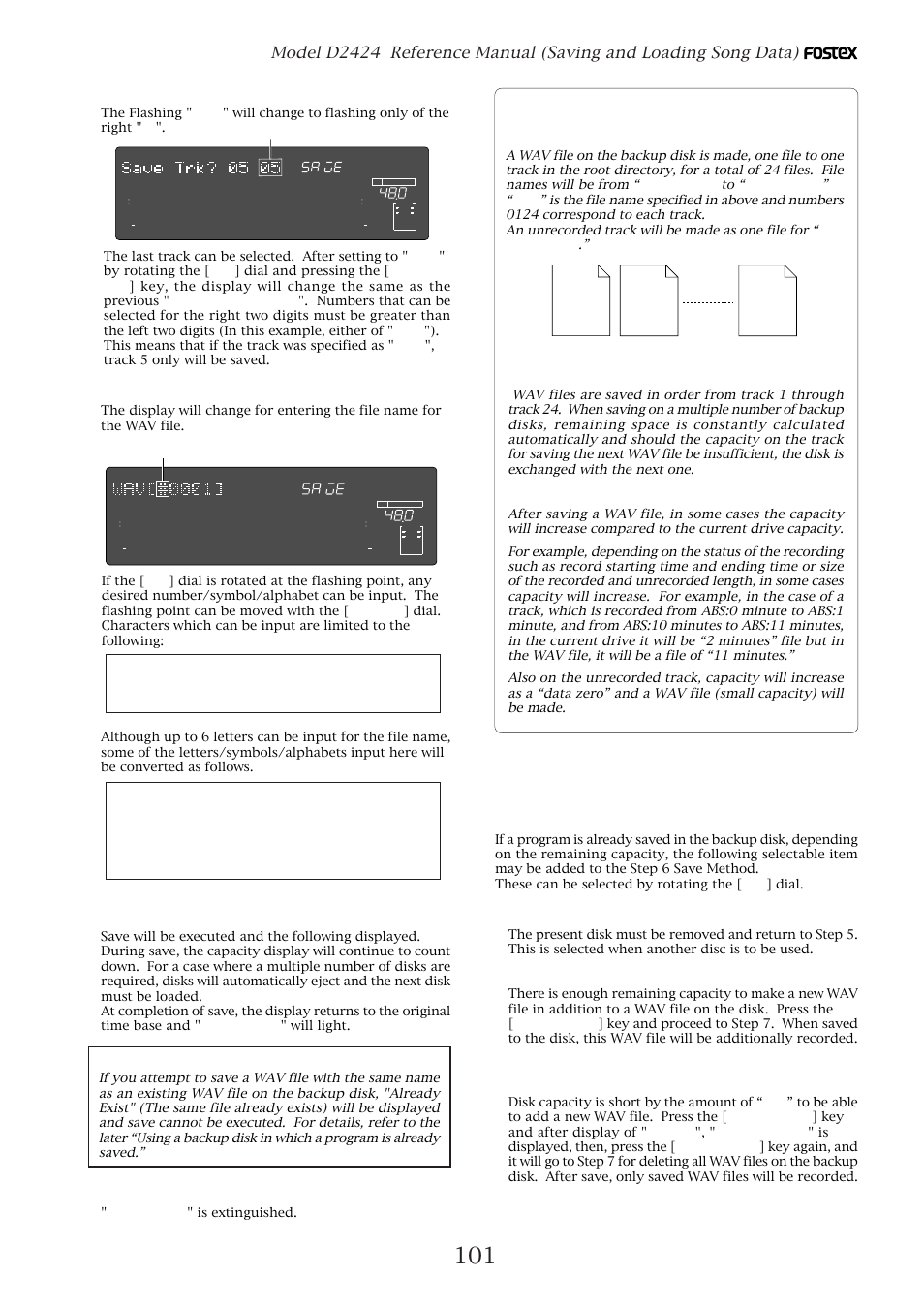 Wav” file which was saved, Press the [exit/no] key or [stop] button, Composition of wav file on multiple discs | Capacity of the wav file, Composition of wav file, Title" & "eject" display, Title" & "new pgm" display, Press the [execute/yes] key, If [05-05] is selected | Fostex D2424 User Manual | Page 101 / 147