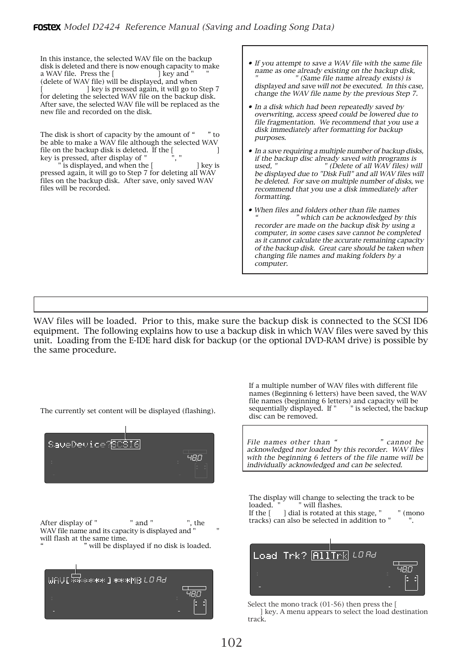 Loading wav files, Title" & "###mb" display, Title" & "-###mb" display | Select wav file, then press the [execute/yes] key | Fostex D2424 User Manual | Page 102 / 147
