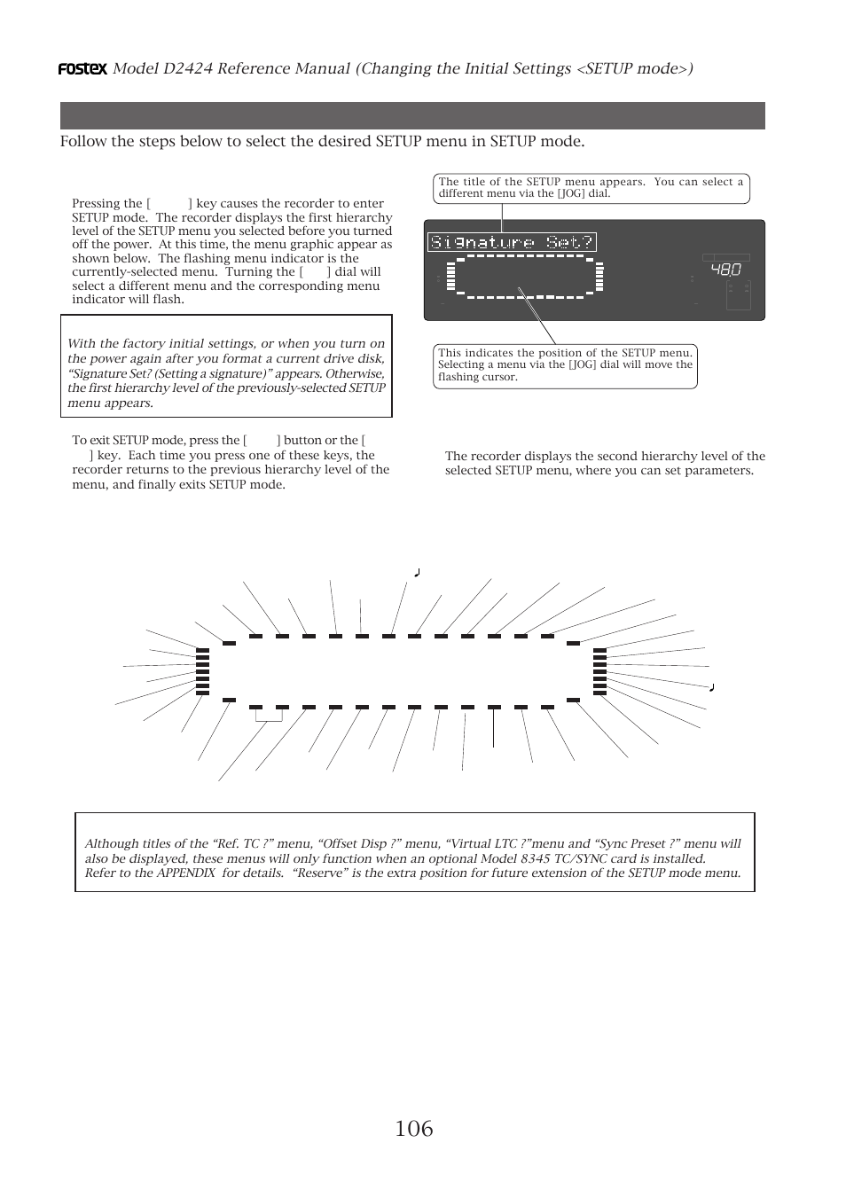 Selecting setup mode | Fostex D2424 User Manual | Page 106 / 147