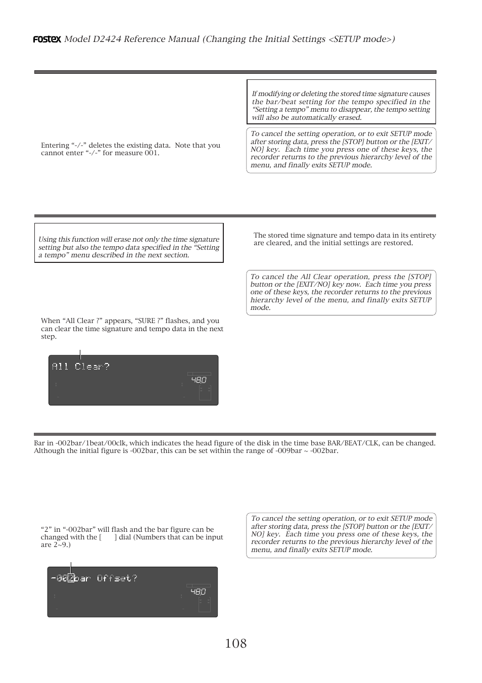 Modifying (or deleting) stored time signatures, Clearing all time signature and tempo settings, Changing the bar at abs “0” of the time base | Caution, Press the [execute/yes] key, Press the [exit/no] key (or [stop] button), Flashing | Fostex D2424 User Manual | Page 108 / 147