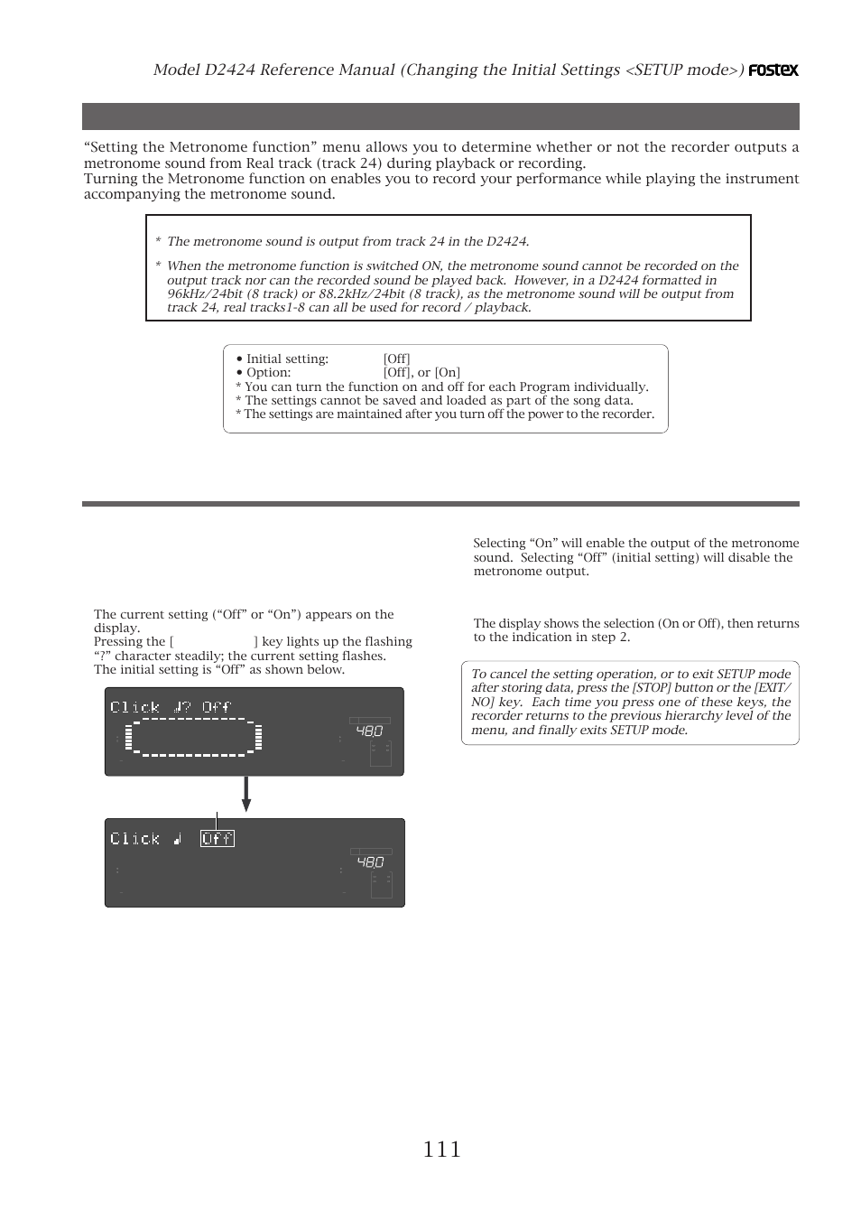 Setting the metronome function, Setting the metronome function (“click ?” menu), Turn the [jog] dial to select “on” or “off | Press the [execute/yes] key, Flashing | Fostex D2424 User Manual | Page 111 / 147