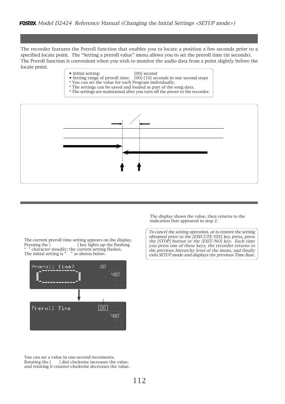 Setting a preroll value, Setting a preroll value (“preroll time ?” menu), Setting a preroll time | Press the [execute/yes] key, Flashing | Fostex D2424 User Manual | Page 112 / 147