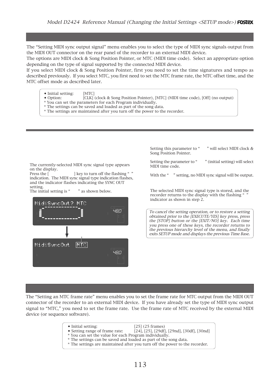 Setting midi sync output signal, Setting an mtc frame rate, Setting an mtc frame rate (“frame rate ?” menu) | Setting midi sync signal, Press the [execute/yes] key, Flashing | Fostex D2424 User Manual | Page 113 / 147