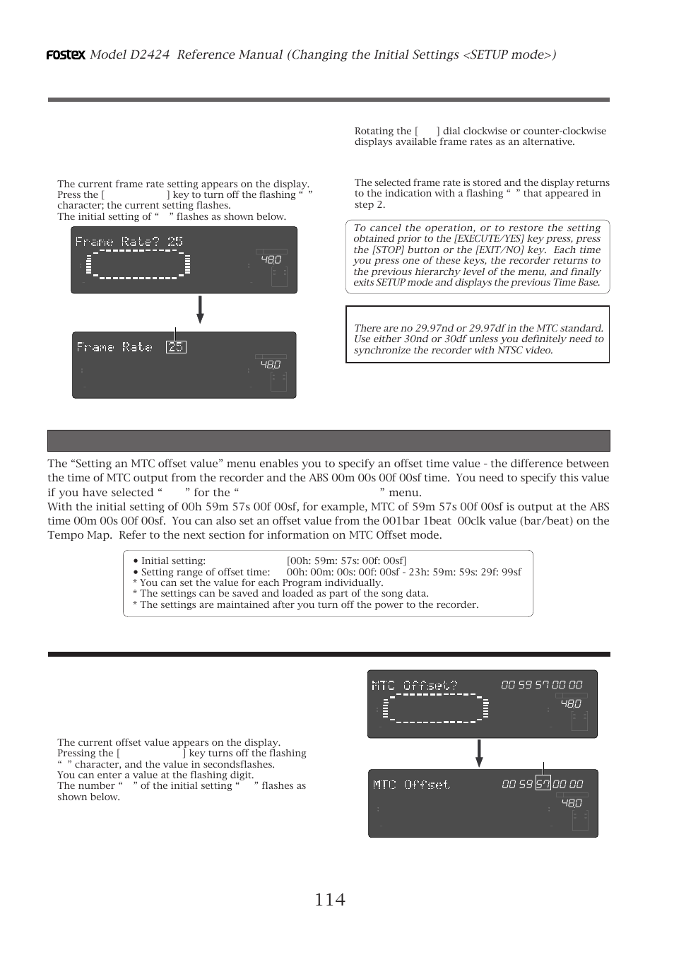 Setting an mtc offset value, Setting an mtc offset value (“mtc offset?” menu), Setting an mtc frame rate | Setting an mtc offset, Press the [execute/yes] key, Flashing | Fostex D2424 User Manual | Page 114 / 147