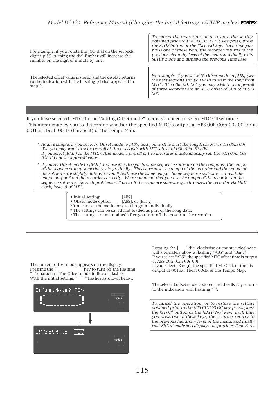 Setting offset mode, Setting offset mode (“offset mode ?” menu), Setting mtc offset mode | Press the execute/yes key, Press the [execute/yes] key, Flashing | Fostex D2424 User Manual | Page 115 / 147