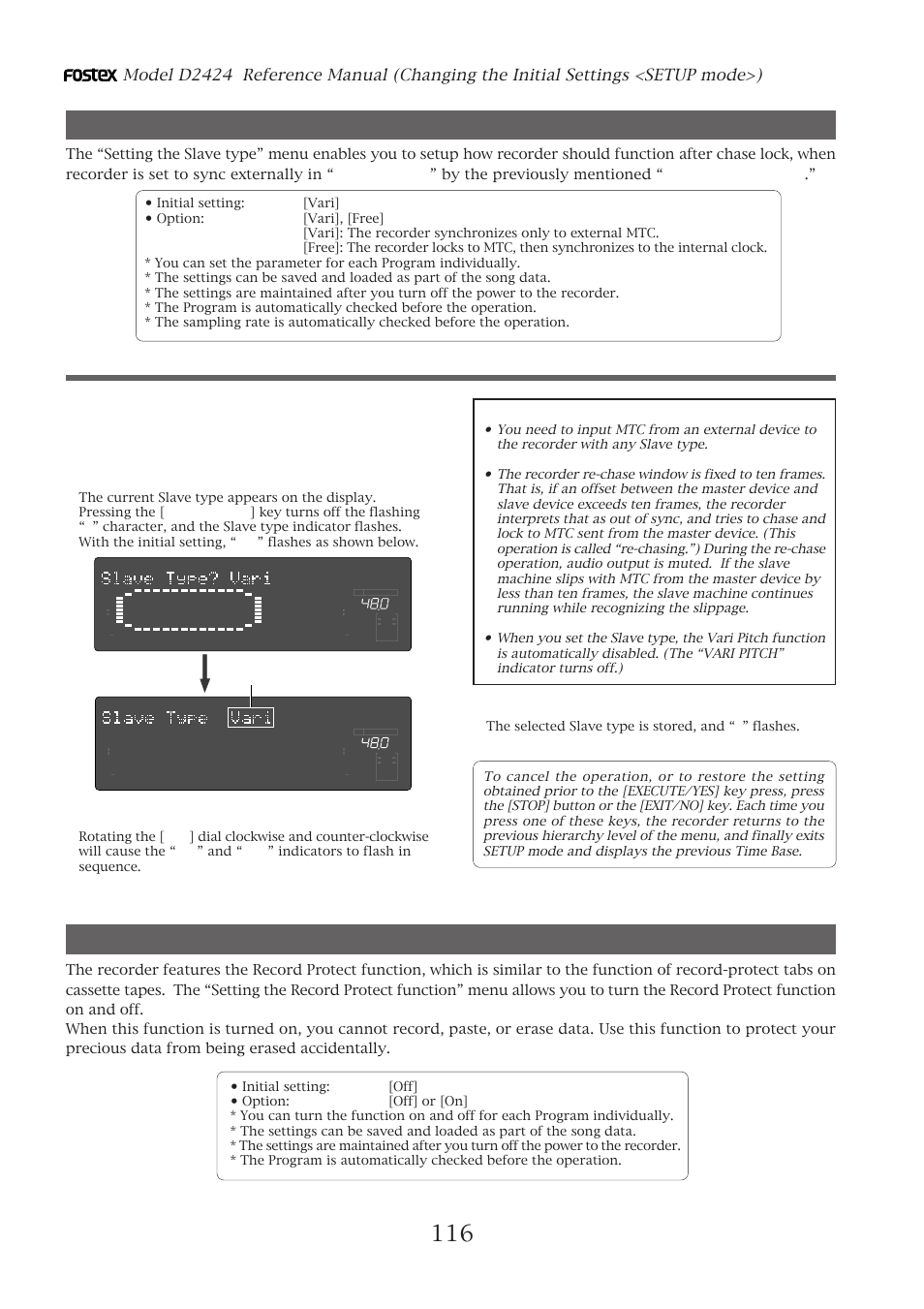Setting the slave type, Setting the record protect function, Setting the slave type (“slave type ?” menu) | Press the [execute/yes] key | Fostex D2424 User Manual | Page 116 / 147