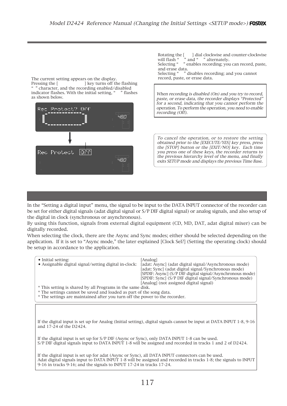 Setting digital input, Setting digital input (“d. in ?” menu), Recording enabled/disabled | Use the [jog] dial to enable or disable recording, Press the [execute/yes] key, Function of the data input connectors, Setup for analog signals, Setup for s/p dif digital signals, Setup for adat digital signals, Flashing | Fostex D2424 User Manual | Page 117 / 147