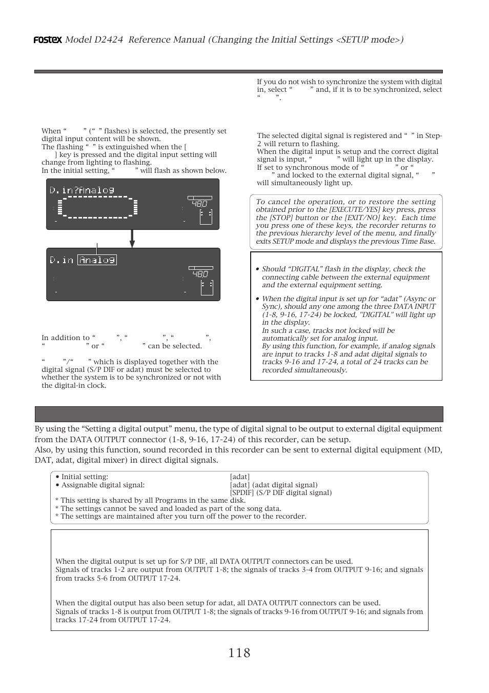 Setting digital output, Setting digital output (“d. out ?” menu), Setting digital input | After selecting, press the [execute/yes] key again, Function of the data output connectors, Setup for s/p dif digital signals, Setup for adat digital signals | Fostex D2424 User Manual | Page 118 / 147