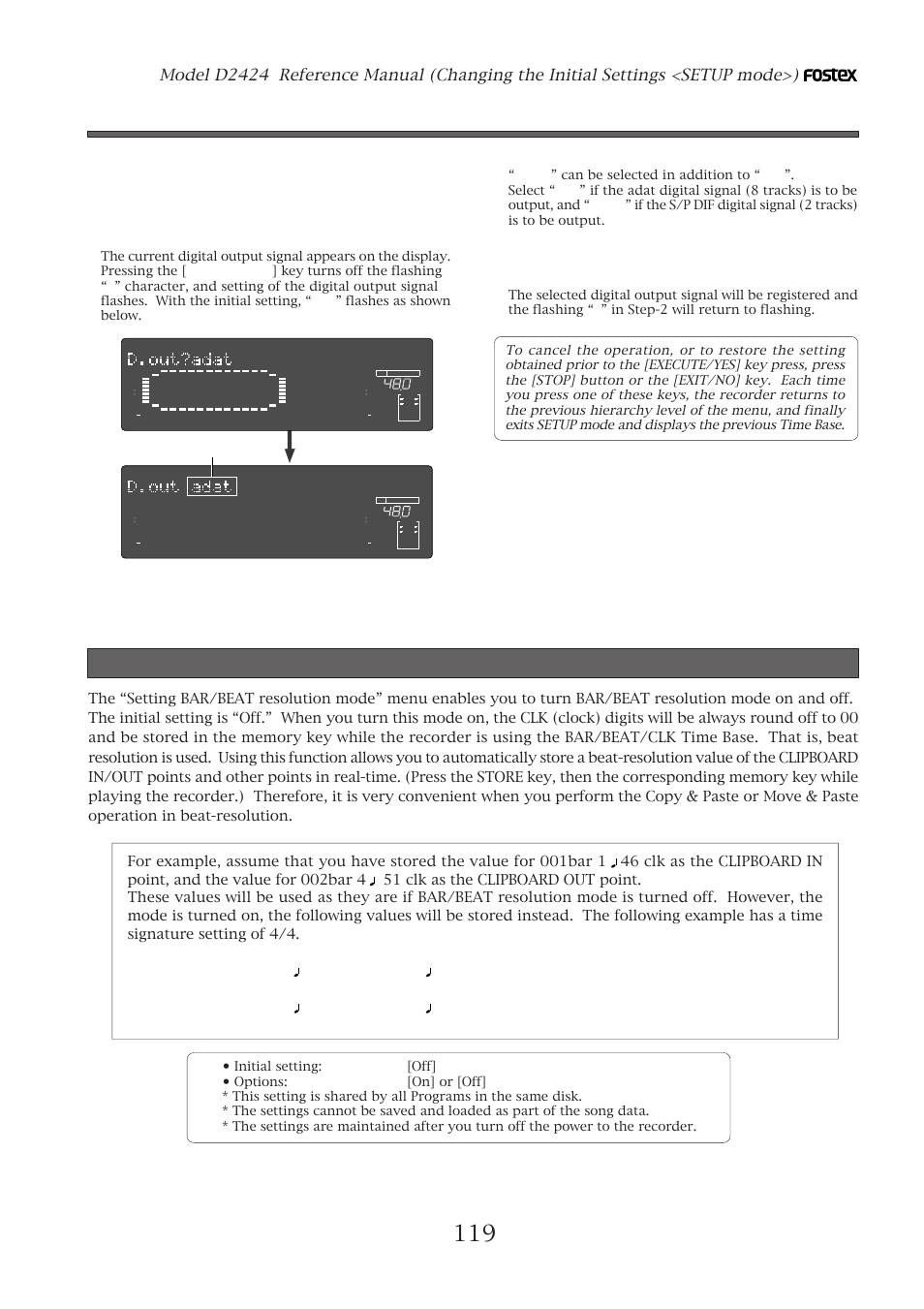 Setting bar/beat resolution mode, Setting digital output, While the “adat” is flashing, turn the [jog] dial | 00 clk (a clk value of 51 will be rounded up.) | Fostex D2424 User Manual | Page 119 / 147