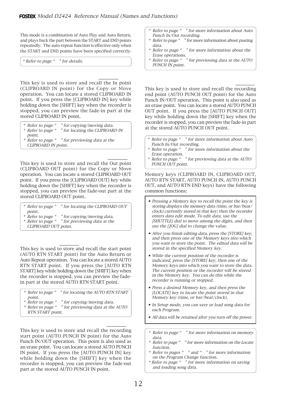 Clipboard in key, Clipboard out key, Auto return start key | Auto punch in key, Auto punch out key | Fostex D2424 User Manual | Page 12 / 147