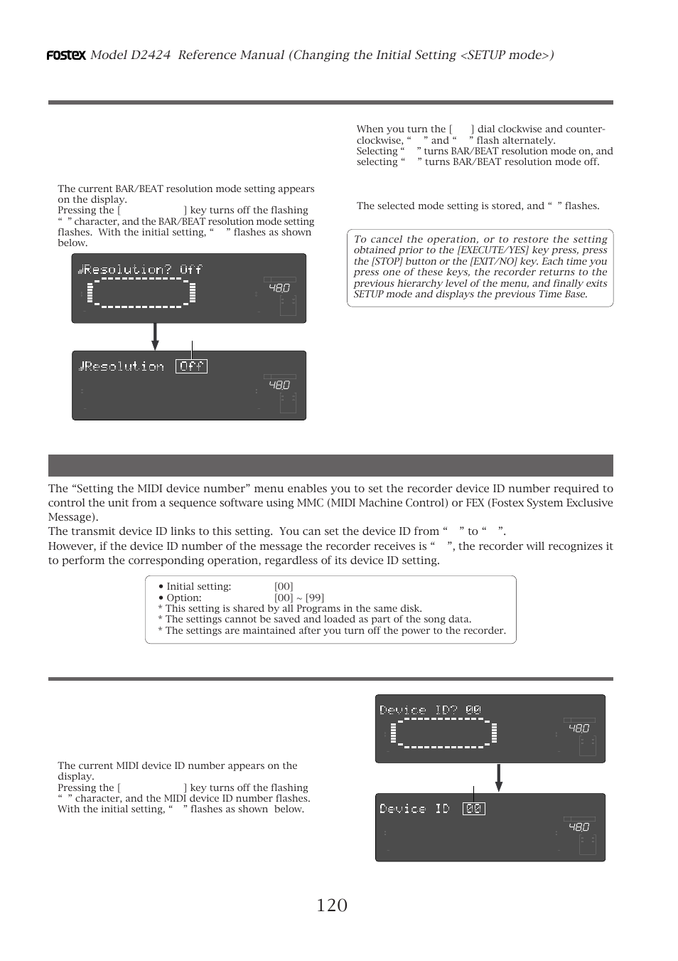 Setting the midi device number, Setting bar/beat resolution mode, Setting the midi device id | Use the [jog] dial to turn the mode “on” or “off, Press the [execute/yes] key, Flashing | Fostex D2424 User Manual | Page 120 / 147
