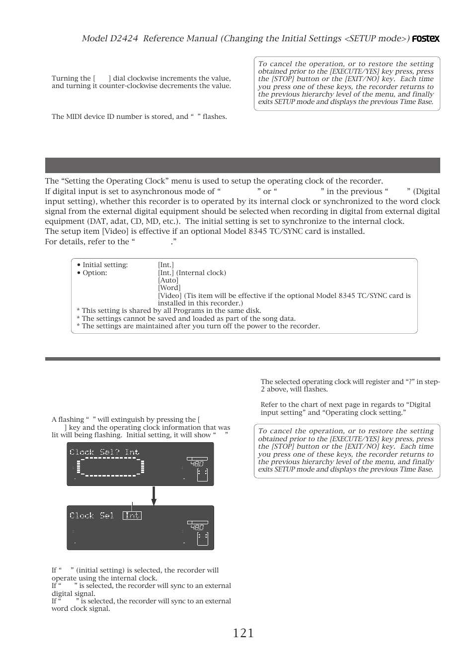 Setting the operating clock, Setting the operating clock (“clock sel ?” menu), Press the [execute/yes] key | With the [jog] dial, select the operating clock, Flashing | Fostex D2424 User Manual | Page 121 / 147
