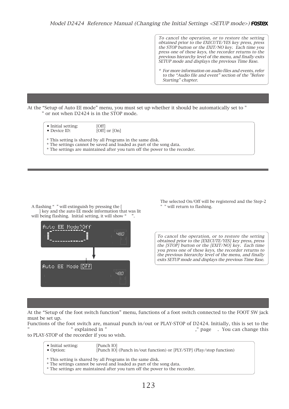 Setup of the auto ee mode, Setup of the foot switch function, Setup of the auto ee mode (“auto ee mode?” menu) | Setting the operating clock, Flashing | Fostex D2424 User Manual | Page 123 / 147