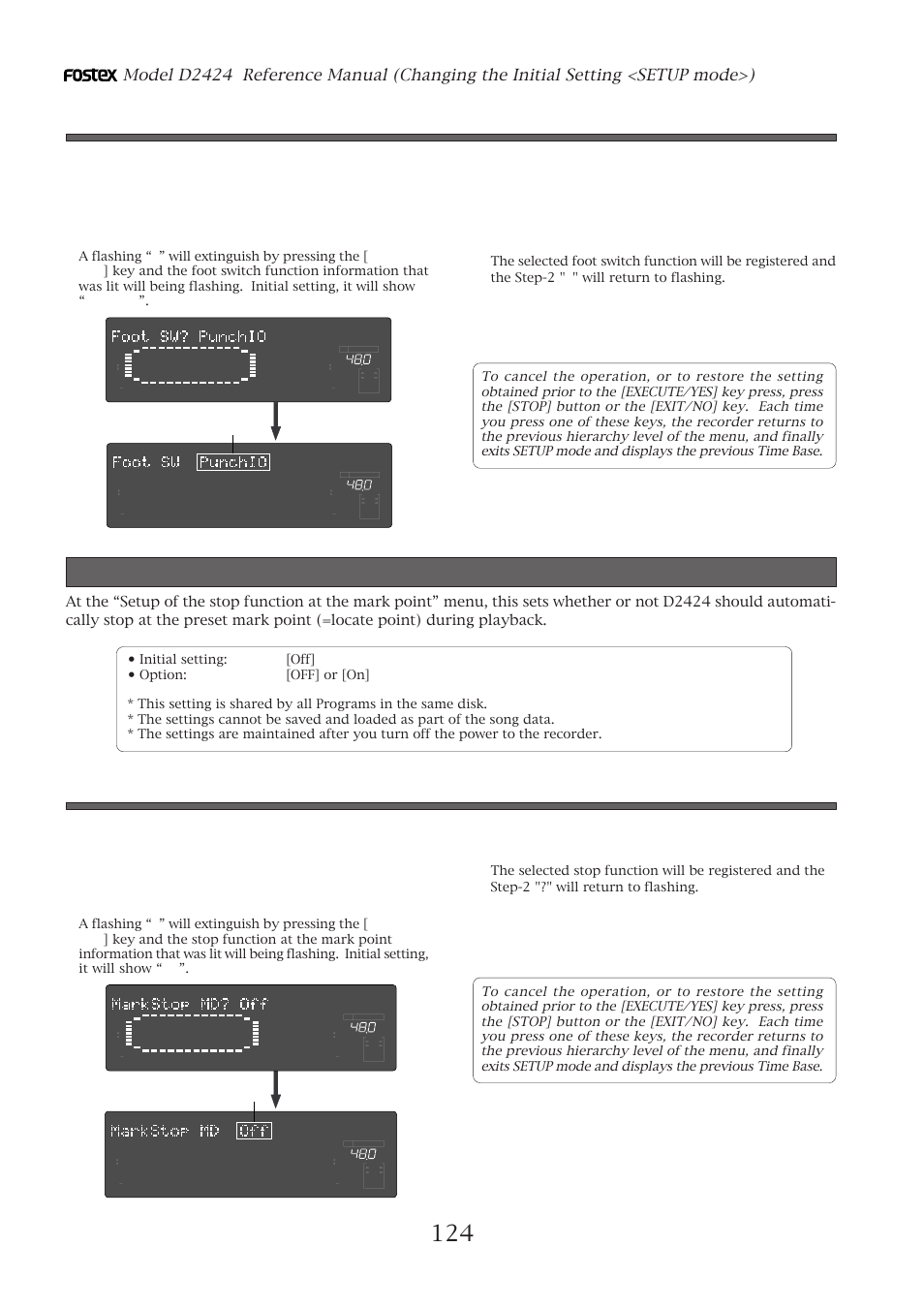 Setup of the stop function at the mark point, Setting the foot switch function, Setting the stop function at the mark point | Flashing | Fostex D2424 User Manual | Page 124 / 147