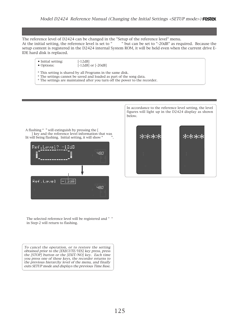 Setup of the reference level, Setup of the reference level (“ref. level?” menu), Setting the reference level | Flashing | Fostex D2424 User Manual | Page 125 / 147