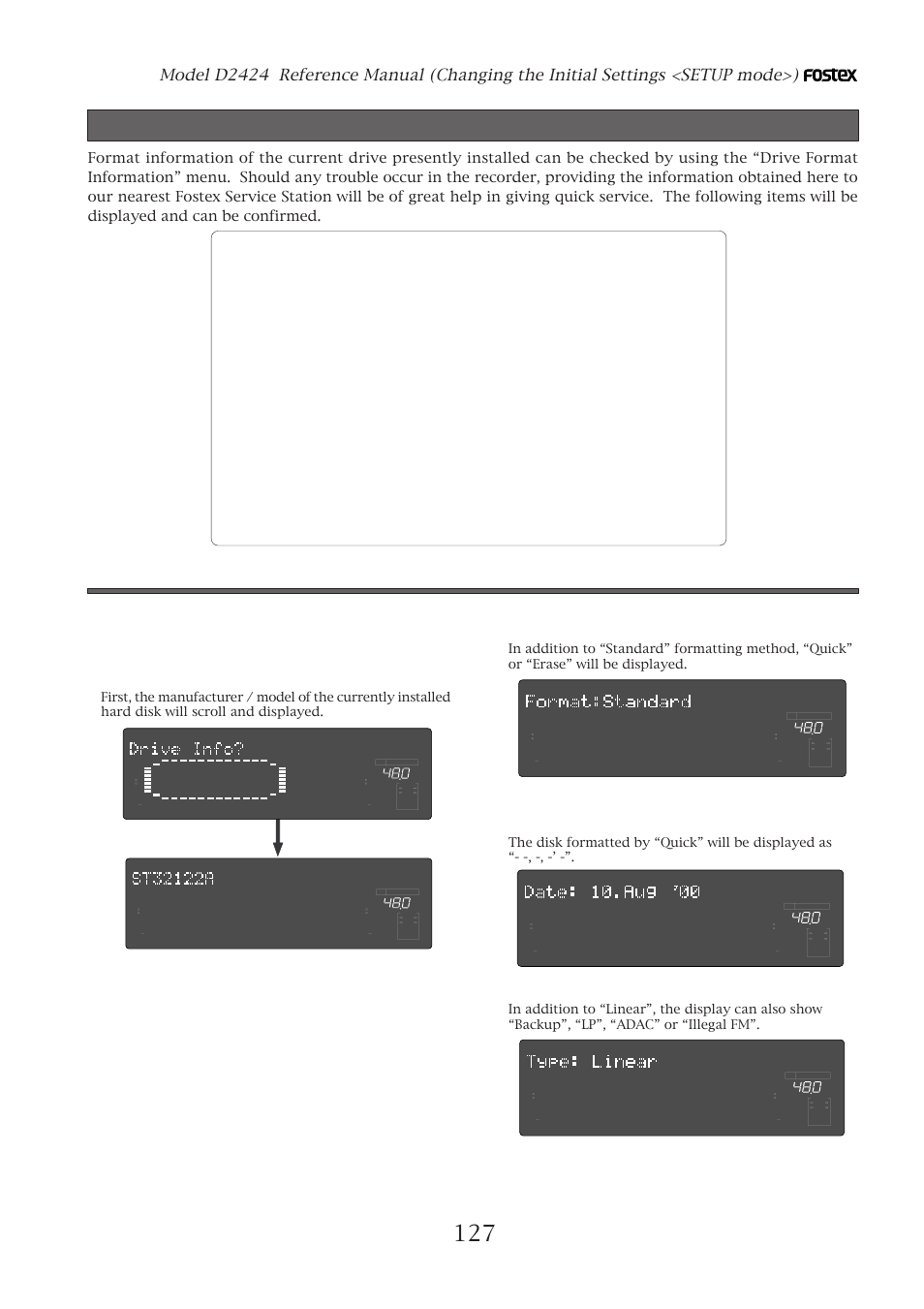 Drive format information, Drive format information (“drive info?” menu), Checking method of the format information | This indicates that the format type was linear, The disk formatted by “quick” will be displayed as | Fostex D2424 User Manual | Page 127 / 147