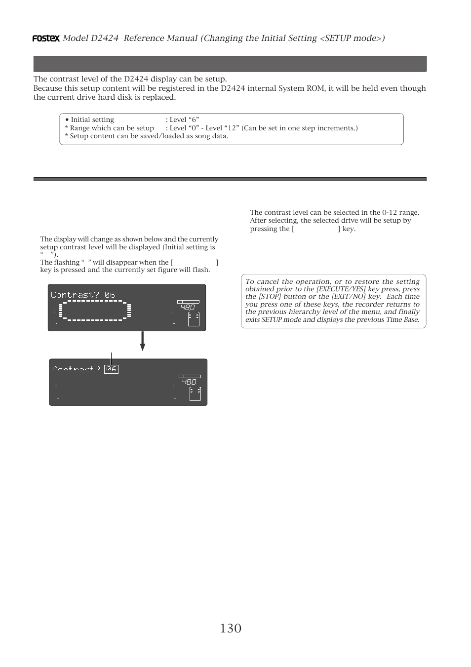 Setup of the display contrast level, Setting the contrast level, Flashing | Fostex D2424 User Manual | Page 130 / 147