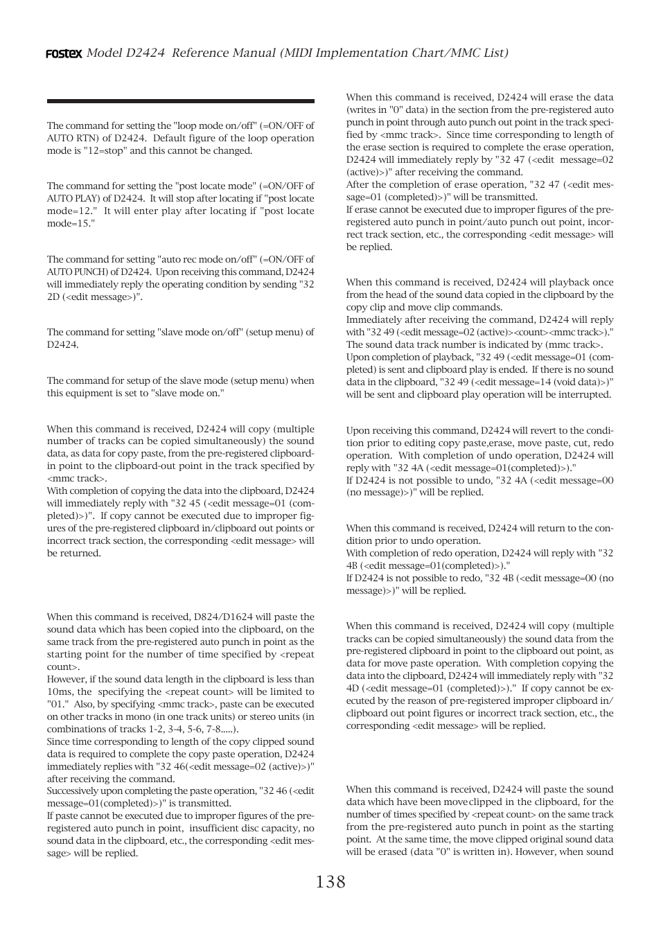 Explanation on the command/mode set | Fostex D2424 User Manual | Page 138 / 147