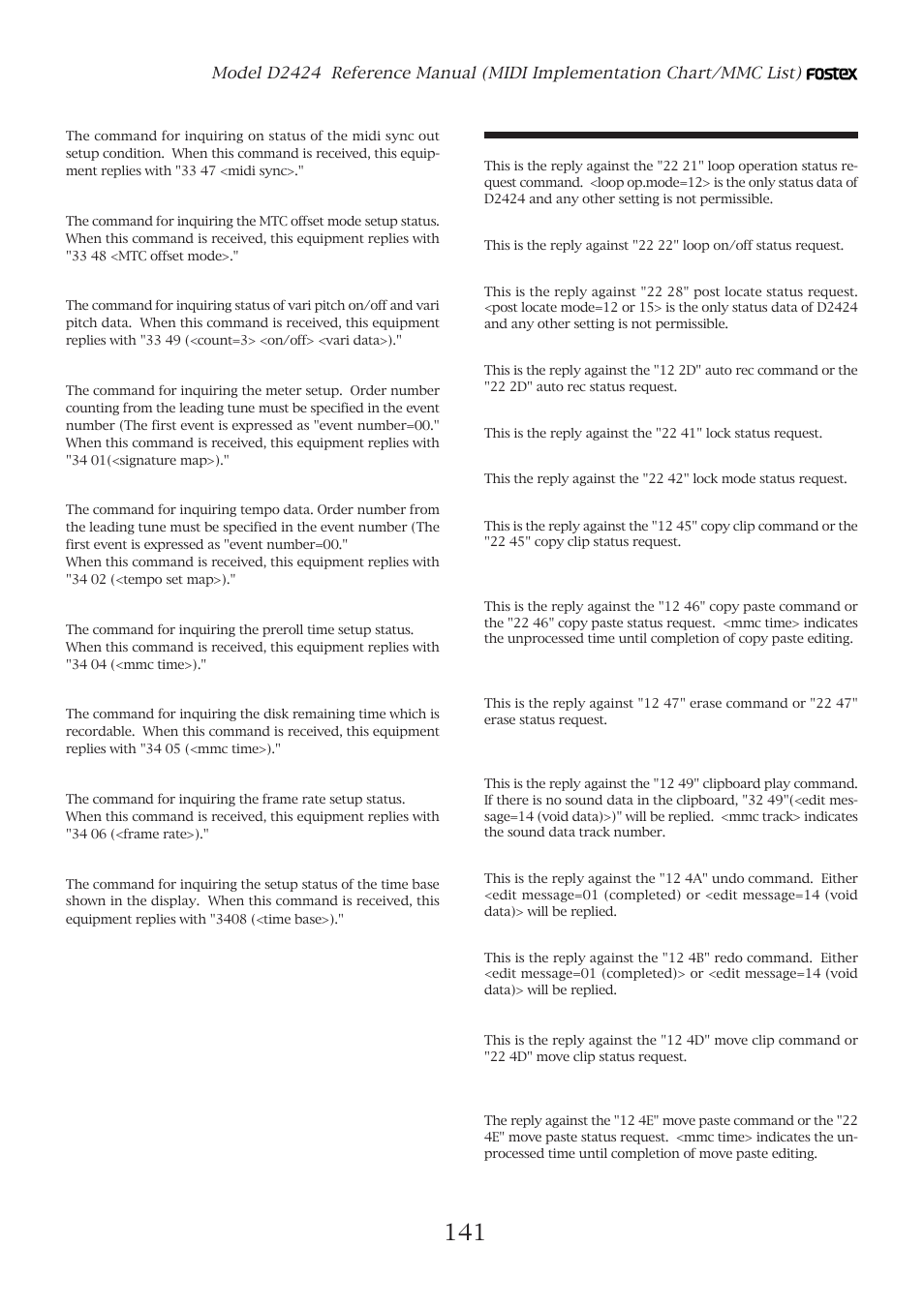 Explanation on the status reply | Fostex D2424 User Manual | Page 141 / 147