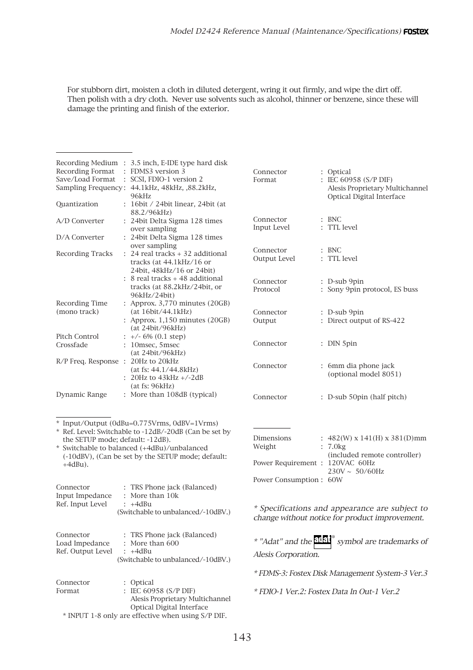 Maintenance, Specifications, Input/output | Cleaning the exterior, Physical | Fostex D2424 User Manual | Page 143 / 147