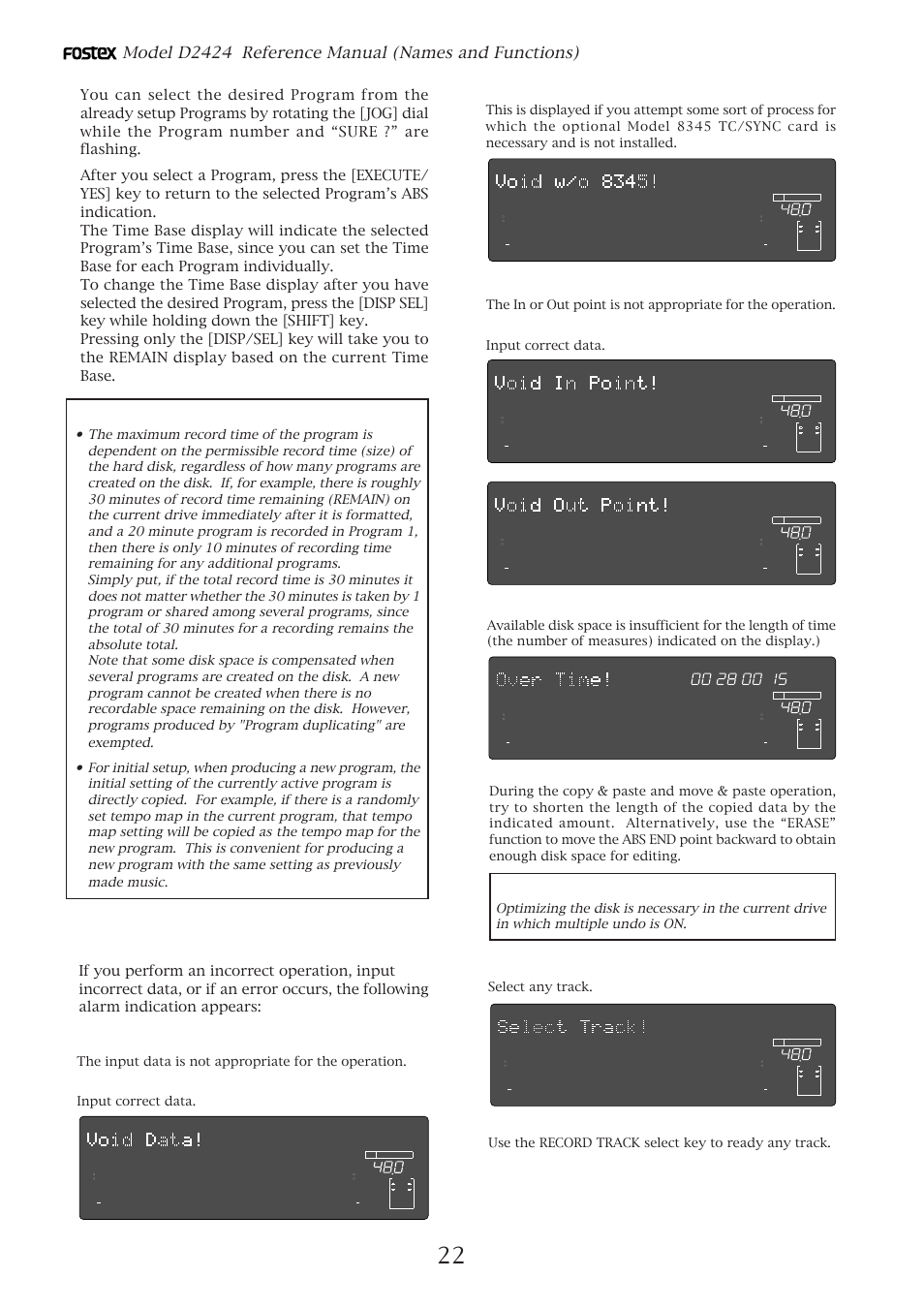 Warning messages, Model d2424 reference manual (names and functions) | Fostex D2424 User Manual | Page 22 / 147