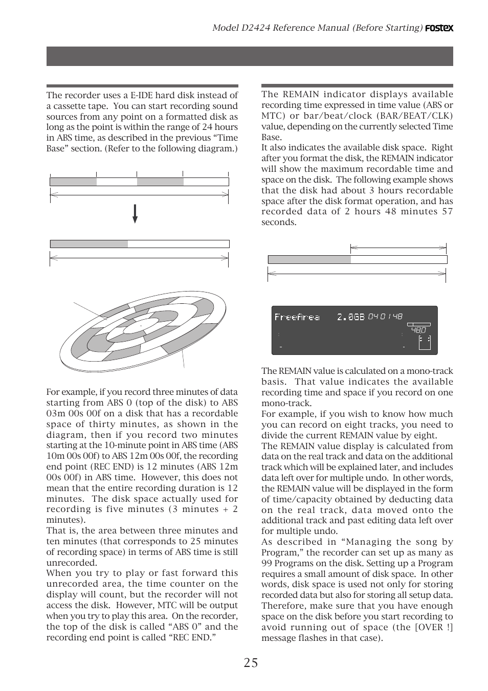 Recording method and remain indicator, Recording method, Remain indicator | Model d2424 reference manual (before starting), Display example, The area actually used on the disk | Fostex D2424 User Manual | Page 25 / 147