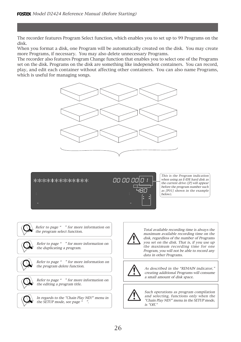 Managing songs by program change function, Model d2424 reference manual (before starting) | Fostex D2424 User Manual | Page 26 / 147