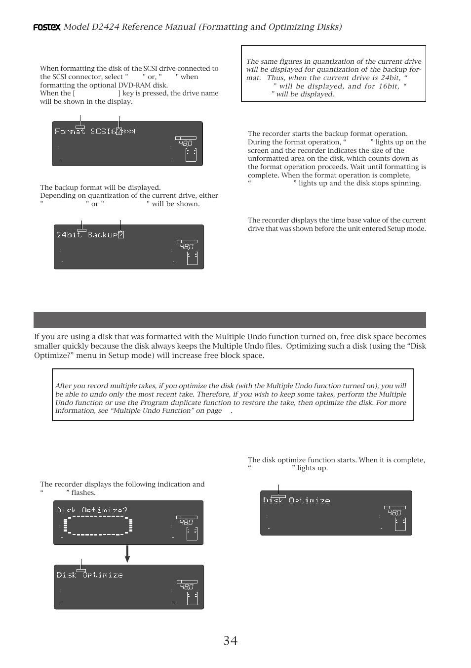 Optimizing the disk, Press the [execute/yes] key again, Bit resolution | Fostex D2424 User Manual | Page 34 / 147