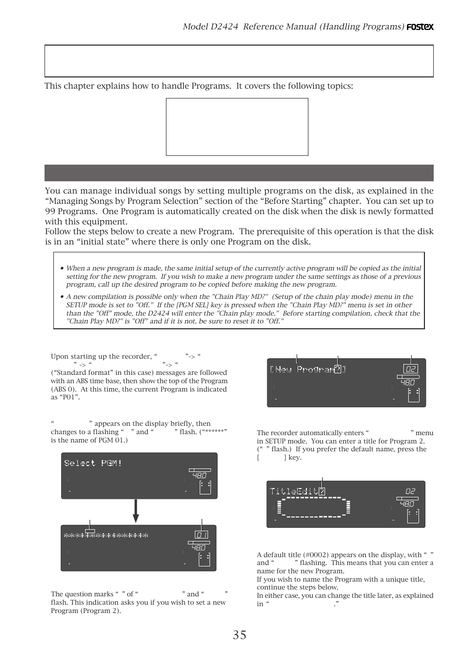 Handling programs, Creating a new program, Model d2424 reference manual (handling programs) | Turn on the power to the recorder, Press the [pgm] key, Turn the [jog] dial clockwise, Press the [execute/yes] key, Press the [execute/yes] key again | Fostex D2424 User Manual | Page 35 / 147